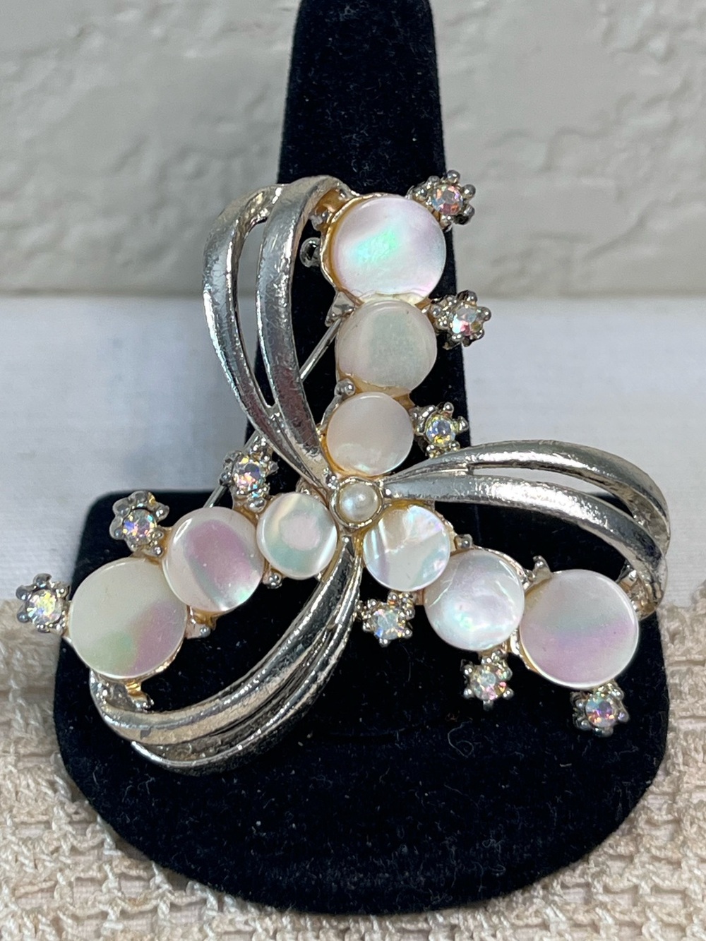 Vintage Mother of Pearl Rhinestone Brooch Silver Tone Swirl Statement Pin